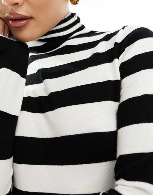 NA-KD fine knit high neck maxi dress in black and white stripe, 3 of 4