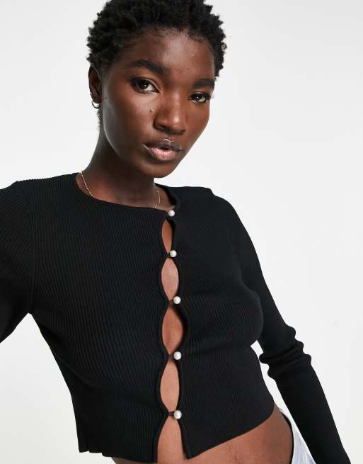 NA-KD fine knit tank with pearl detail in black, 3 of 4