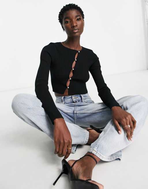 NA-KD fine knit tank with pearl detail in black, 4 of 4