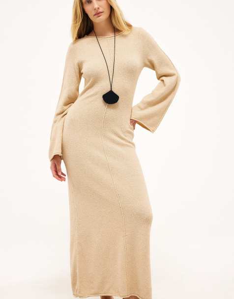 NA-KD Fine knitted maxi dress in beige - view 1
