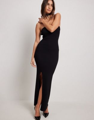 NA-KD fine knitted side slit bandeau maxi dress in black - ASOS Price Checker