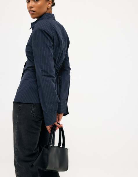 NA-KD Fitted shoulder pad shirt in blue stripe