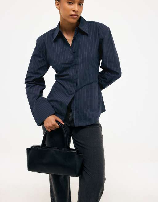 NA-KD Fitted shoulder pad shirt in blue stripe, 2 of 5