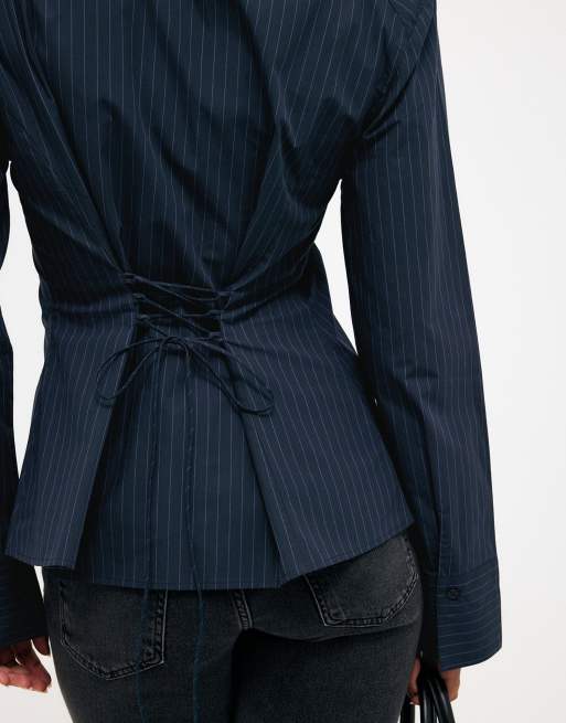 NA-KD Fitted shoulder pad shirt in blue stripe, 3 of 5