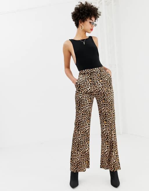 Na-kd flared leopard print satin trousers in beige | ASOS