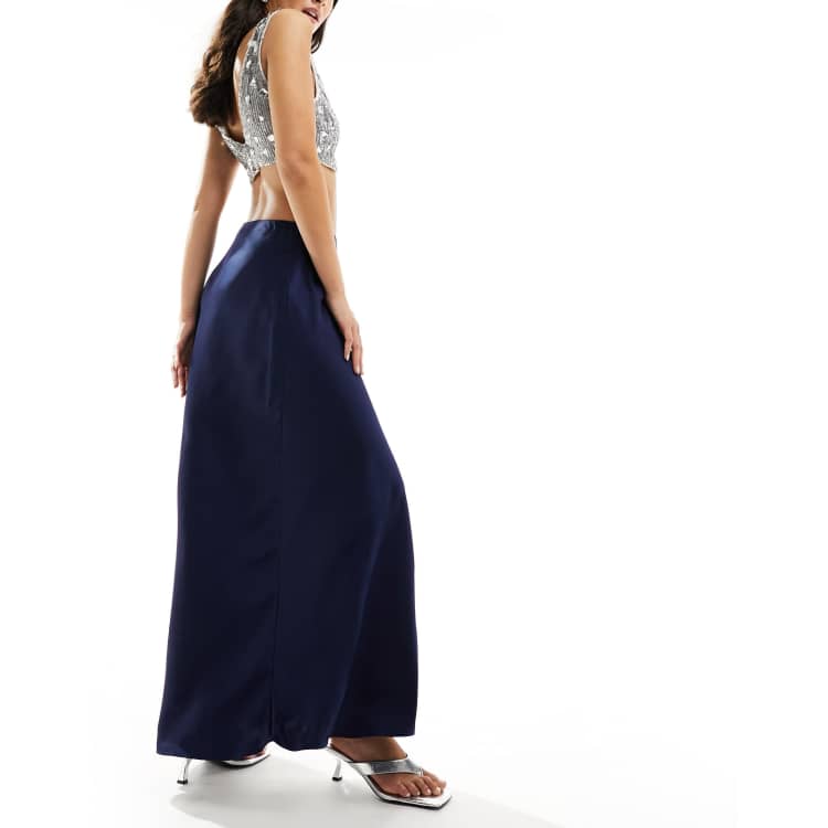 NA KD floor length satin maxi skirt in navy ASOS