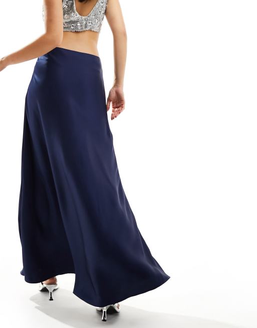 NA-KD floor length satin maxi skirt in navy, 4 of 5