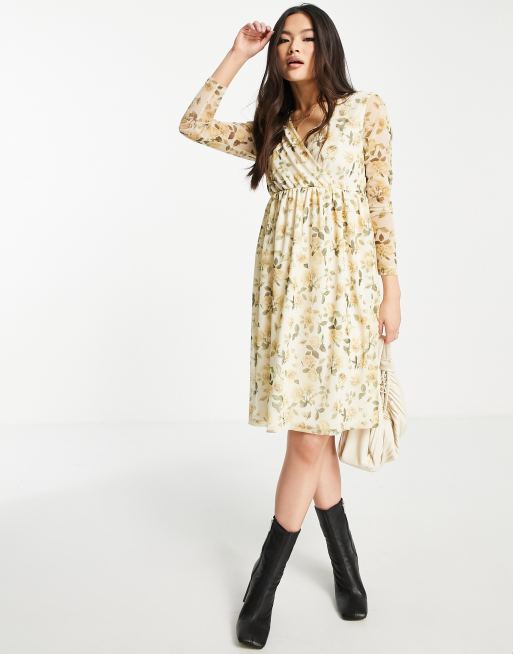 NA-KD floral mesh midi wrap dress in yellow