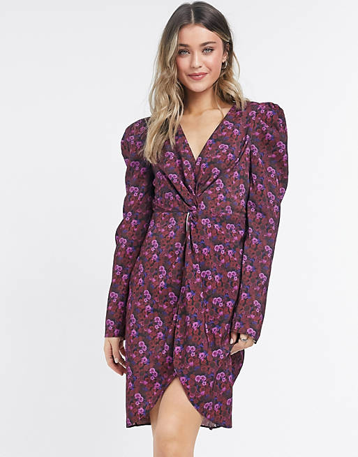  NA-KD floral print knot front mini dress in purple 