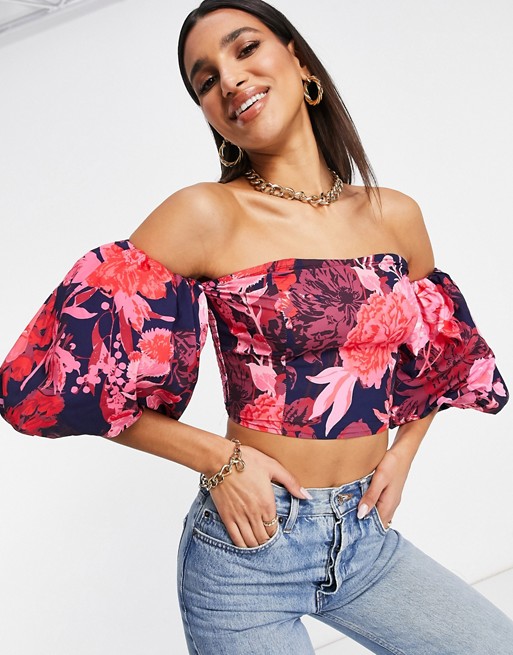 NA-KD floral print off shoulder blouse in pink
