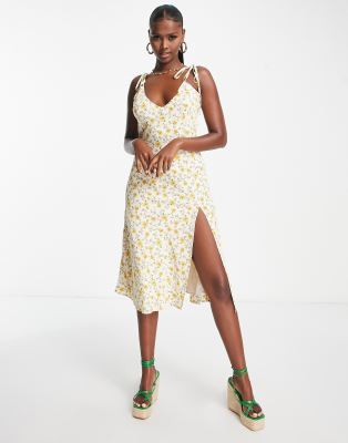 NA-KD floral print tie shoulder slip midi dress in yellow