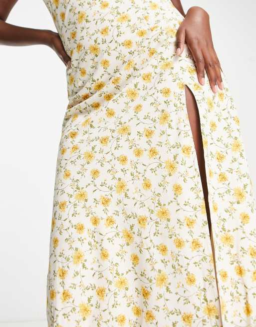 NA-KD floral print tie shoulder slip midi dress in yellow, 4 of 4