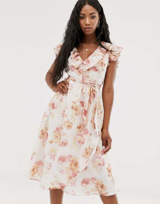 NA-KD floral print v-neck sleeve less midi dress in off white | ASOS