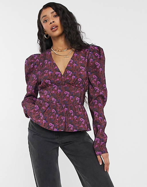 NA-KD floral print waisted blouse in purple