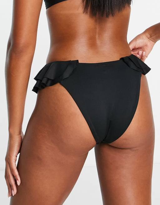 ★GLOWNY★ FRILL HIGH CUT BIKINI BOTTOM (BLACK) B91xZ Women Strappy Bikini Bottom Full Coverage Bathing Suit