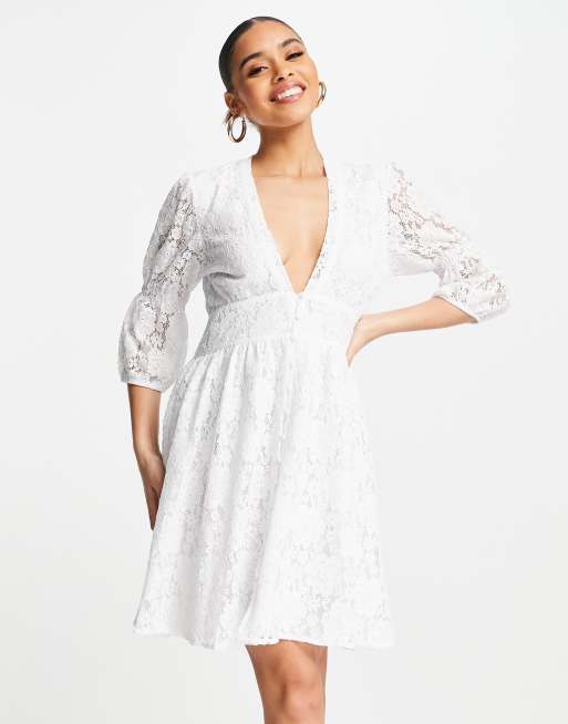 NA KD flowy puff sleeve lace dress in white