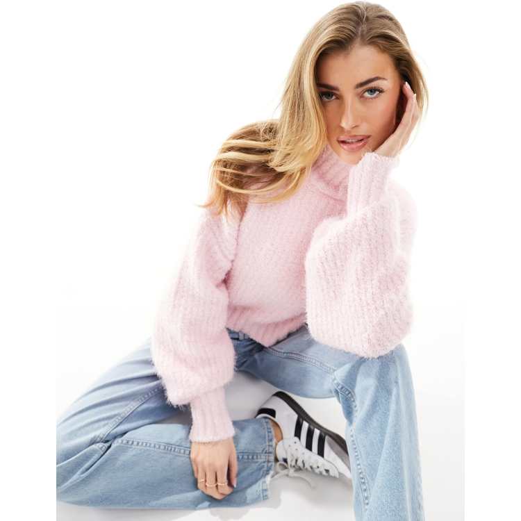 NA-KD fluffy knit high neck jumper in pink | ASOS