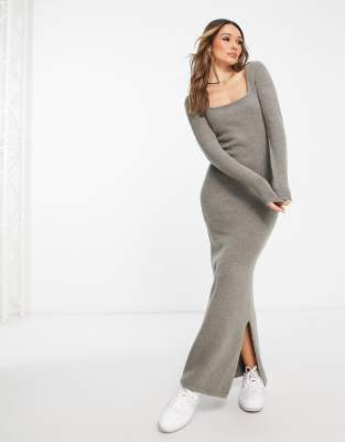 NA-KD fluffy knitted maxi dress with split in grey