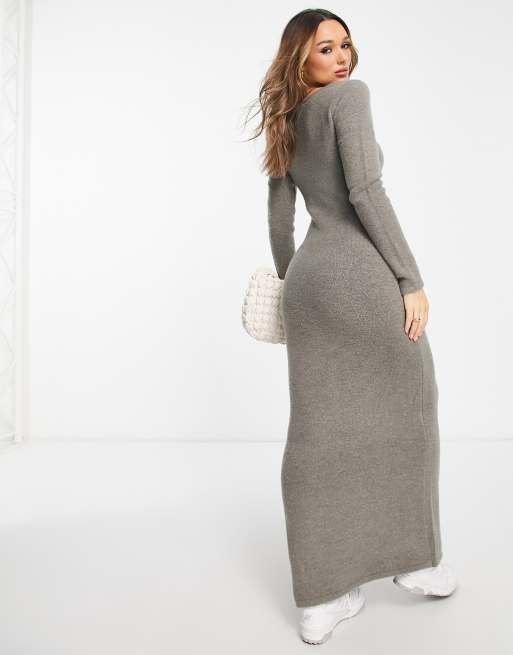 NA-KD fluffy knitted maxi dress with split in grey | ASOS