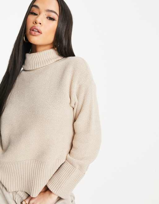 Waffle Knit High Neck Sweater Beige