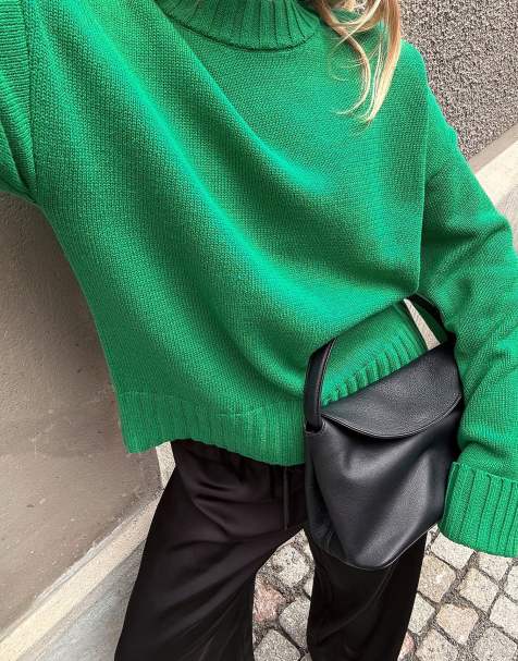 NA-KD Folded sleeve knitted sweater in bright green - view 1