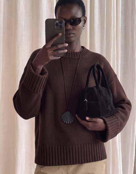 NA-KD Folded sleeve knitted sweater in brown - view 1