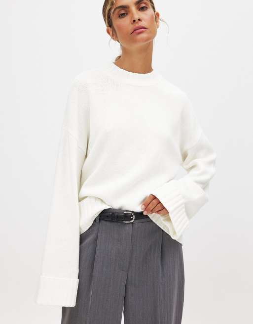 NA-KD Folded sleeve knitted sweater in offwhite, 2 of 5