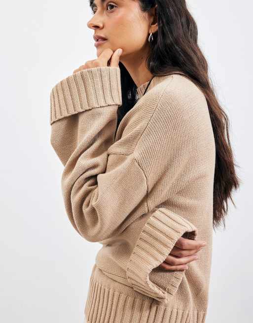 NA-KD Folded sleeve knitted sweater in soft beige, 4 of 5