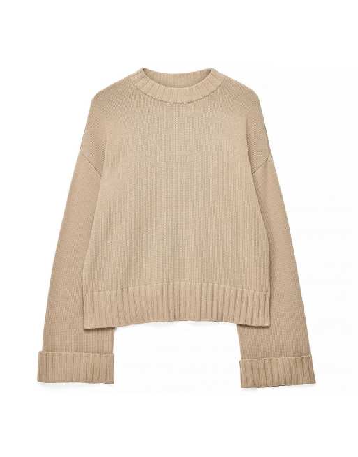 NA-KD Folded sleeve knitted sweater in soft beige, 5 of 5