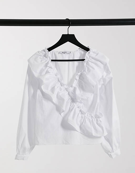 NA-KD frill detail cotton blouse in white
