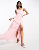 ASOS DESIGN halter maxi dress with bias ruffle detail in pink