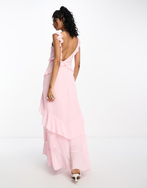 nakd pink dress Structured Chiffon Ruffle Detail Maxi Dress Pink