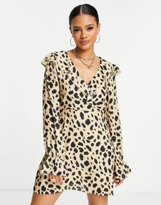 NA-KD frill wrap dress in leopard