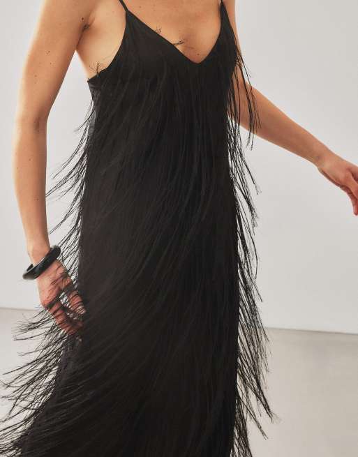 NA-KD Fringe maxi dress in black, 4 of 5