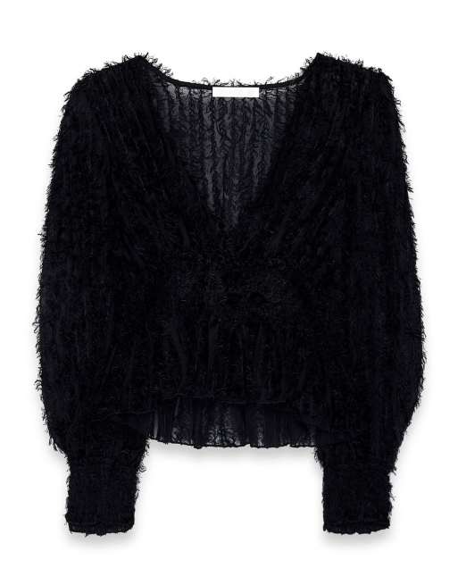 NA-KD Fringe smock ls blouse in black, 5 of 5