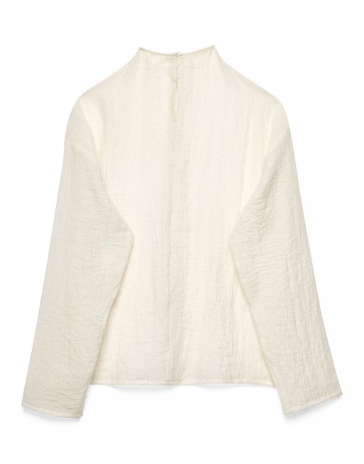 NA-KD Funnel neck seam detail crinkle top in cream, 5 of 5