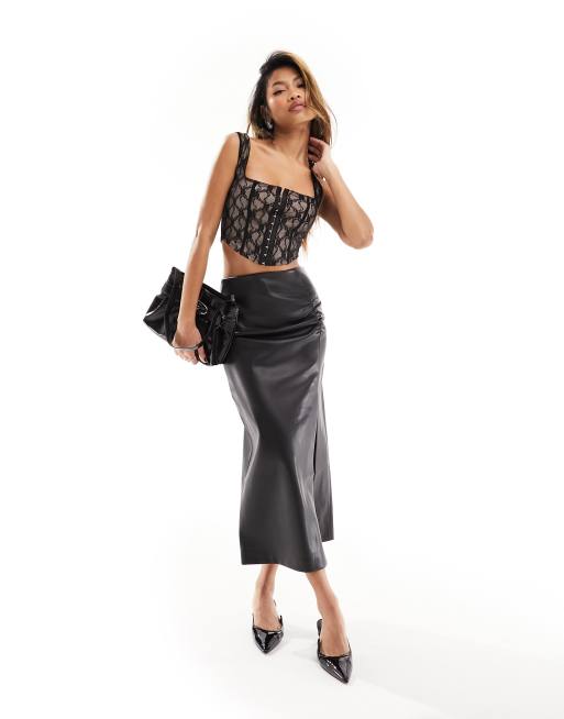 NA-KD gathered midi faux leather skirt in black