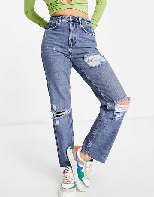 NA-KD - Gescheurde jeans met rechte pijpen in lichtblauw