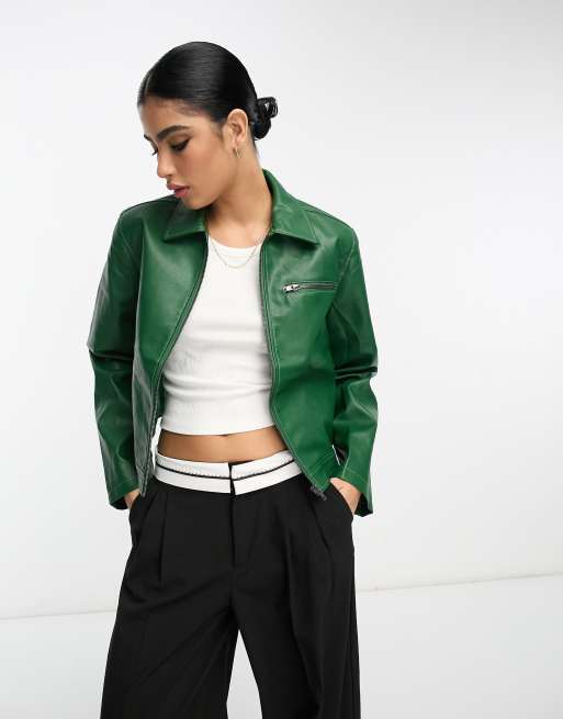 NA-KD - Giacca in pelle sintetica verde con cuciture a contrasto