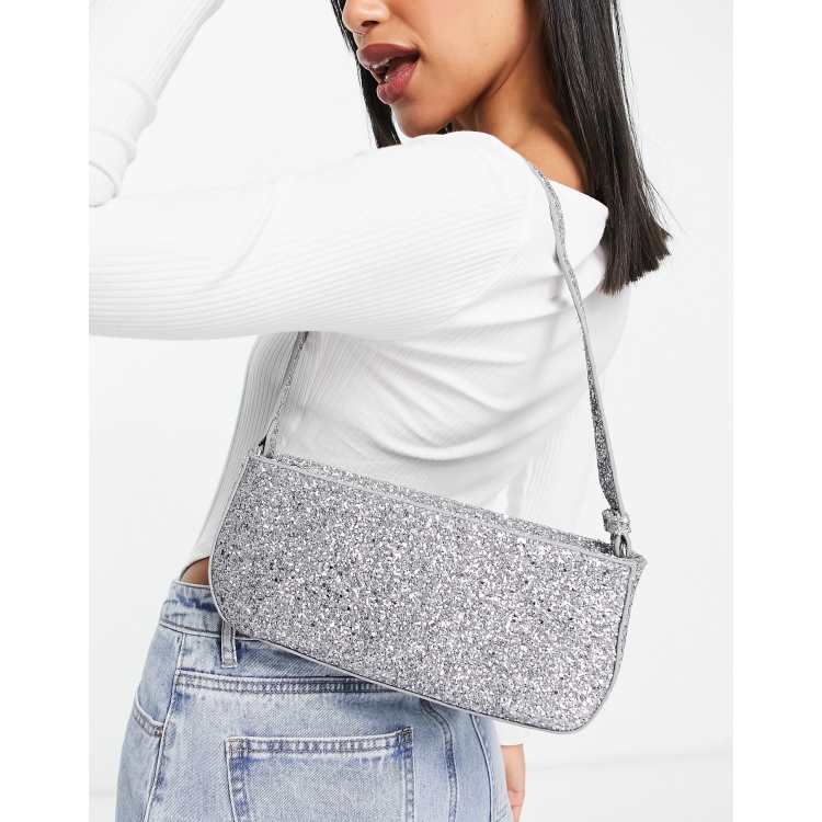 NA KD glitter baguette bag in silver ASOS