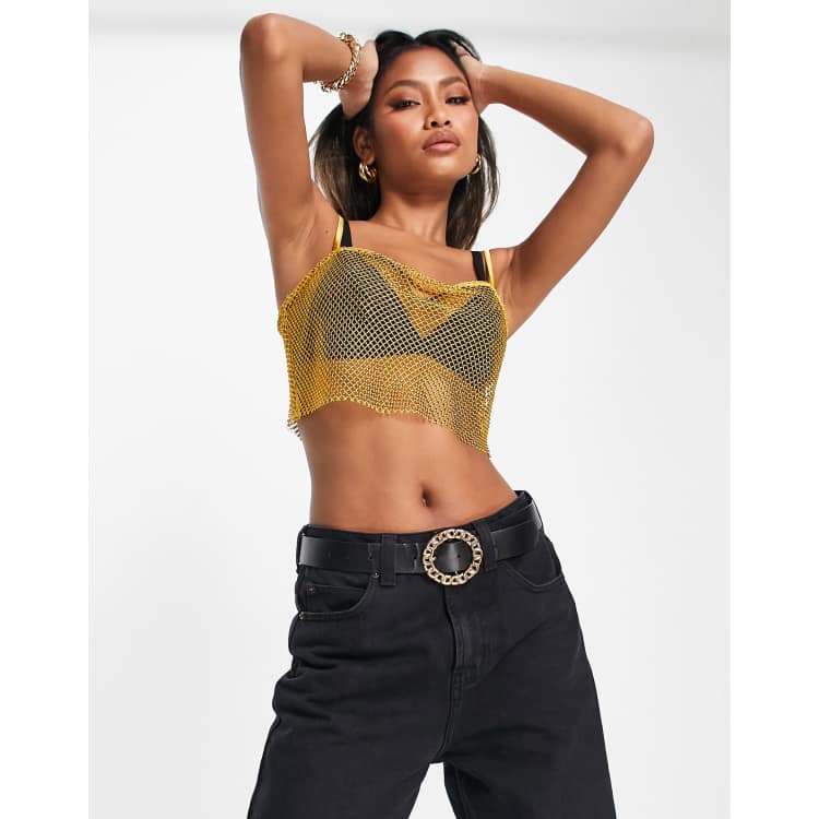 NA-KD glitter mesh crop top in gold