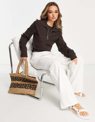 NA-KD NA-KD half zip cropped jumper in brown