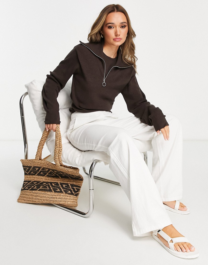 NA-KD half zip cropped sweater in brown