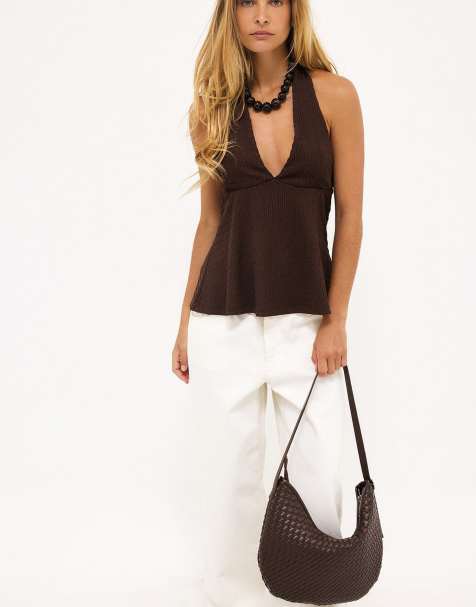 NA-KD Halterneck detail top in brown