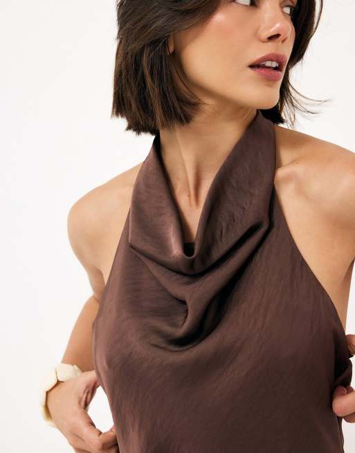 NA-KD Halterneck draped satin mini dress in brown, 4 of 5