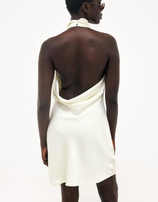 NA-KD Halterneck draped satin mini dress in cream, 2 of 5