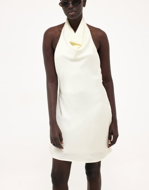 NA-KD Halterneck draped satin mini dress in cream, 3 of 5