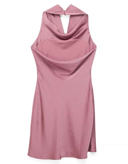 NA-KD Halterneck draped satin mini dress in mauve, 5 of 5