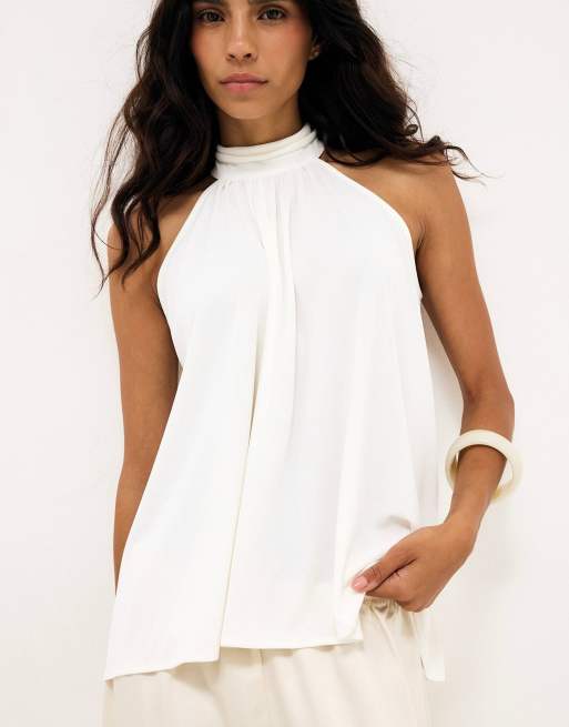 NA-KD Halterneck flowy tie top in white, 2 of 5