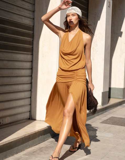 NA-KD Halterneck slit maxi dress in dark rust - view 1